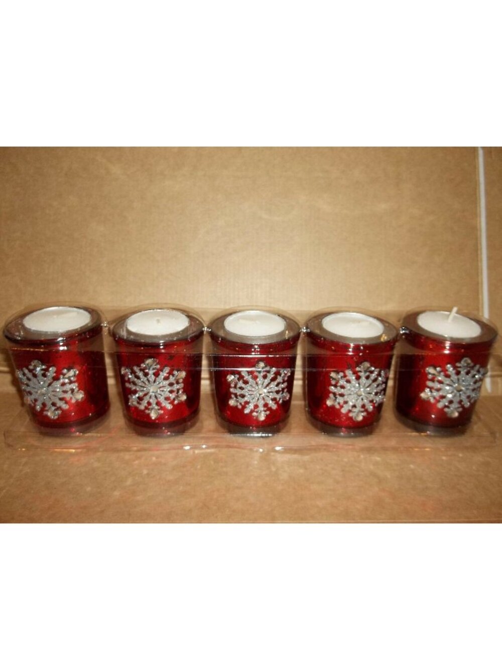 Red Christmas Holiday 5 Piece Votive Candle Glitter Snowflake Gift Set Table